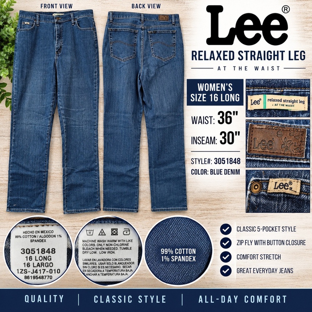 Lee Womens Relaxed Straight Leg Blue Denim Jeans 3051848 Size 16 Long